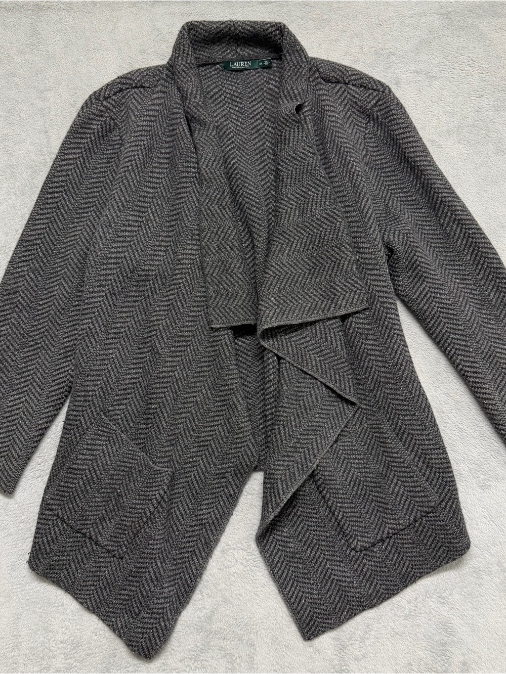 Lauren Ralph Lauren Womens 2X Wool Blend Herringbone Cardigan Jacket Gray Draped